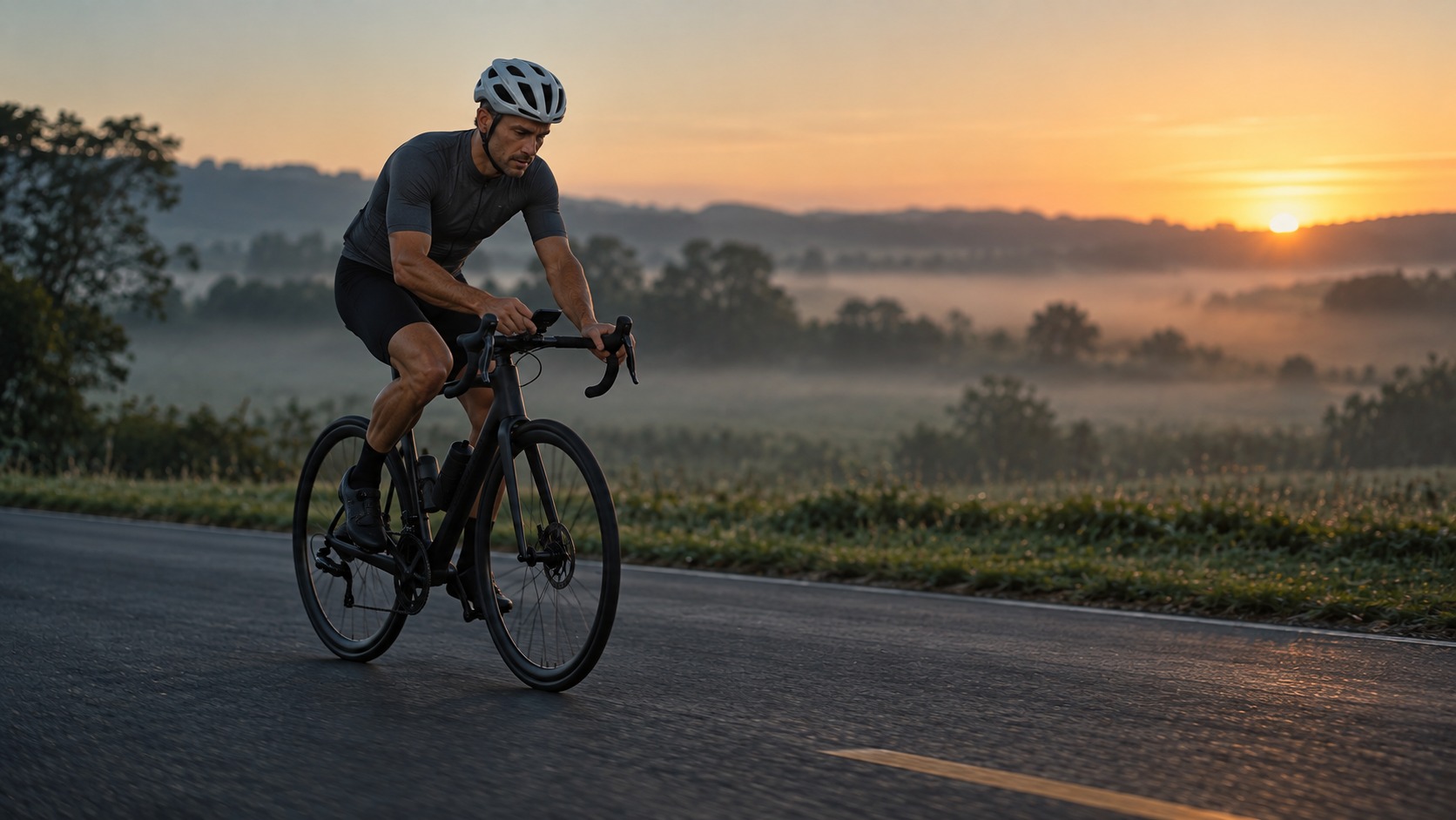 Ciclista pedalando numa estrada ao nascer do sol, com neblina ao fundo, olhando para o ciclocomputador no guidão