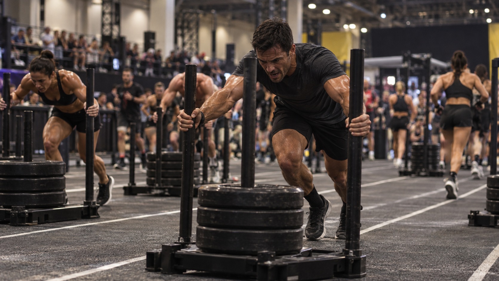 Atleta de hyrox empurrando um trenó carregado numa arena fechada, com outros competidores fazendo o mesmo ao fundo