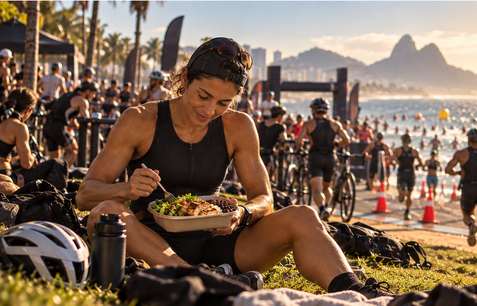 Triatleta sentada na grama, serena, fazendo uma refeição, com atletas saindo da água e o mar ao fundo